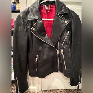 Black Faux Leather Jacket with Red Satin Lining From Topshop (Size: US 6)